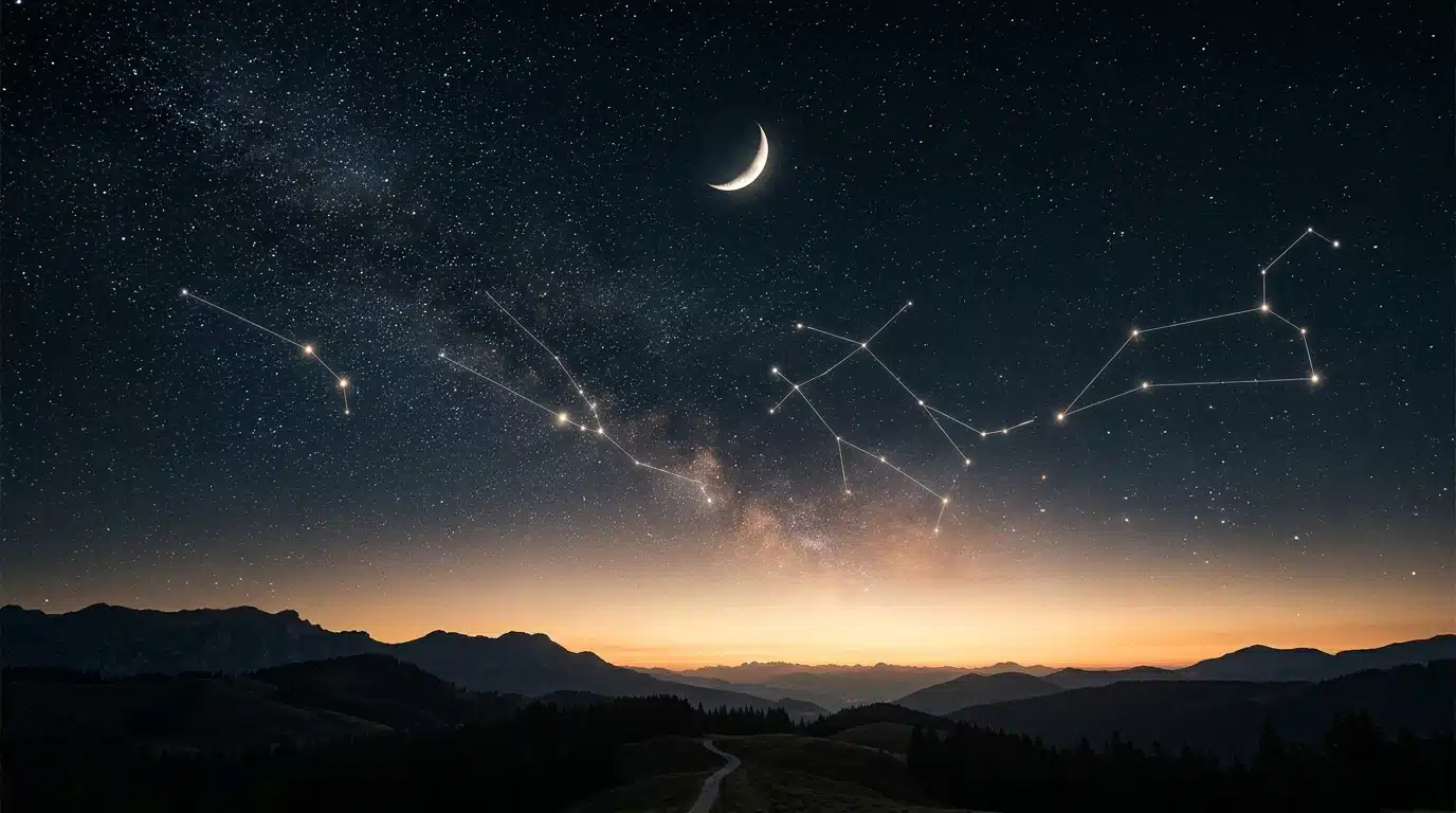 Ciel étoilé avec croissant de lune symbolique