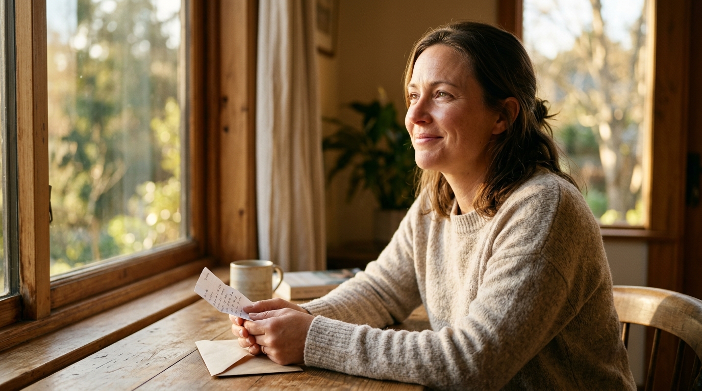 Personne souriante avec expression de soulagement et espoir