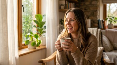 Personne souriante recevant une bonne nouvelle le matin
