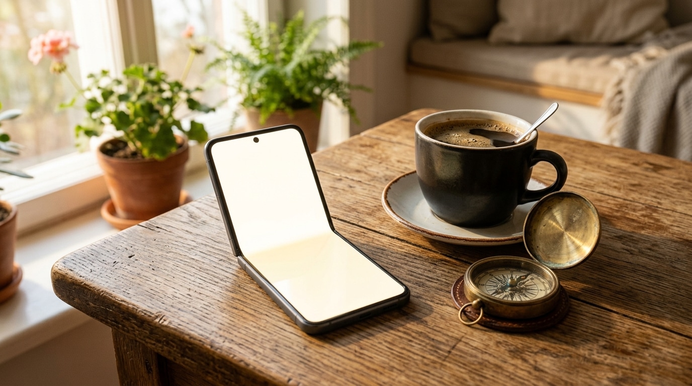 Smartphone et boussole sur une table en bois