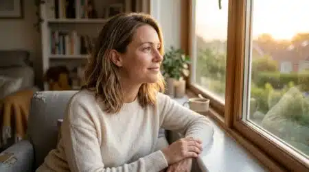 Femme souriante devant une fenêtre au lever du soleil