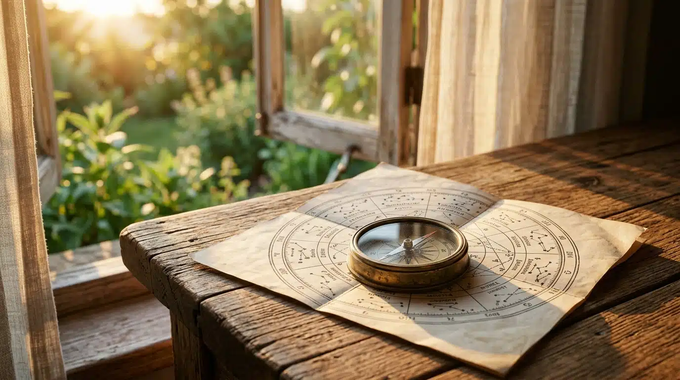 Boussole ancienne et carte astrologique sur table en bois
