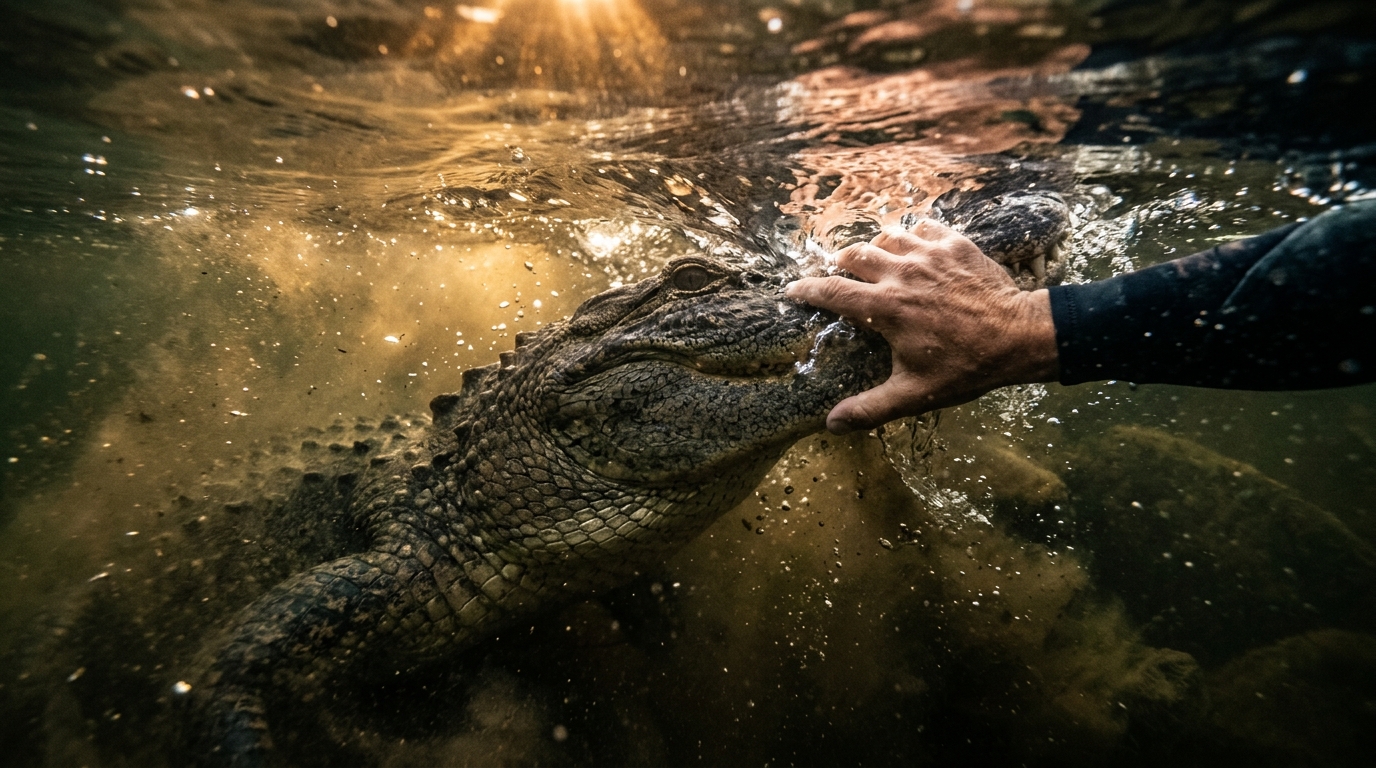 Main d'un homme repoussant le museau d'un alligator sous l'eau