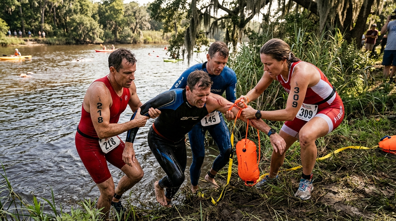 Triathlètes portant secours à un nageur blessé sur la berge