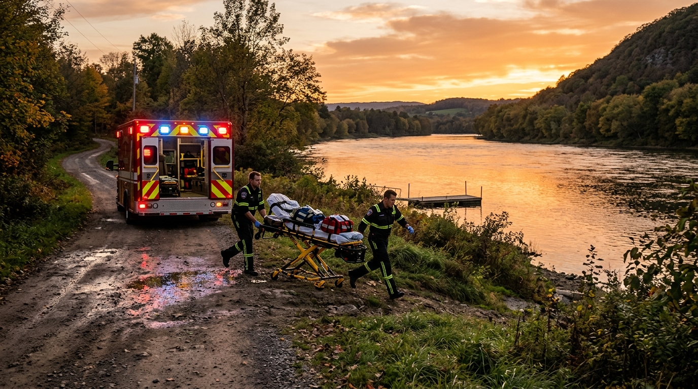 Ambulance et secours arrivant près de la rivière