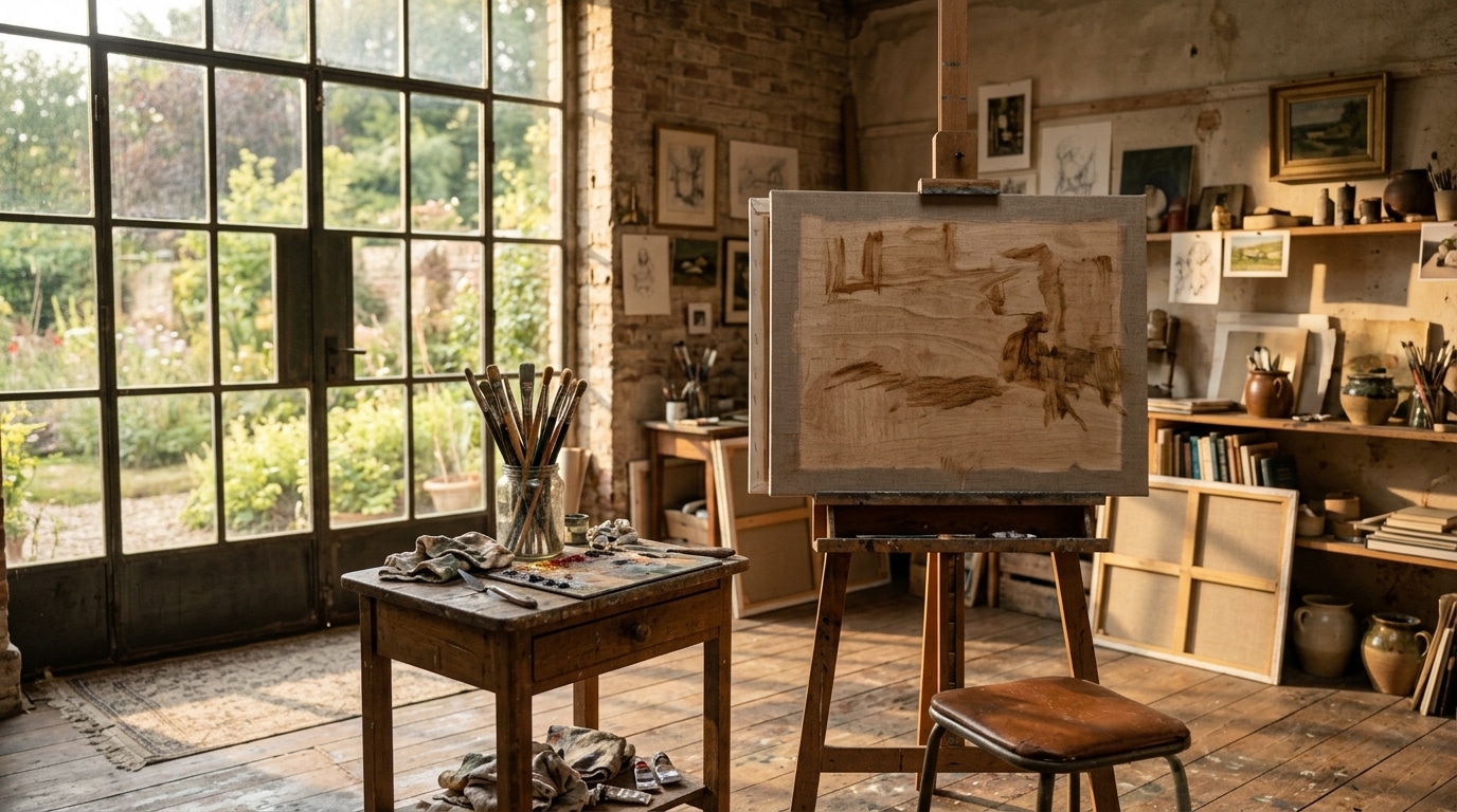 Atelier d'art baigné de lumière dorée avec chevalet et pinceaux
