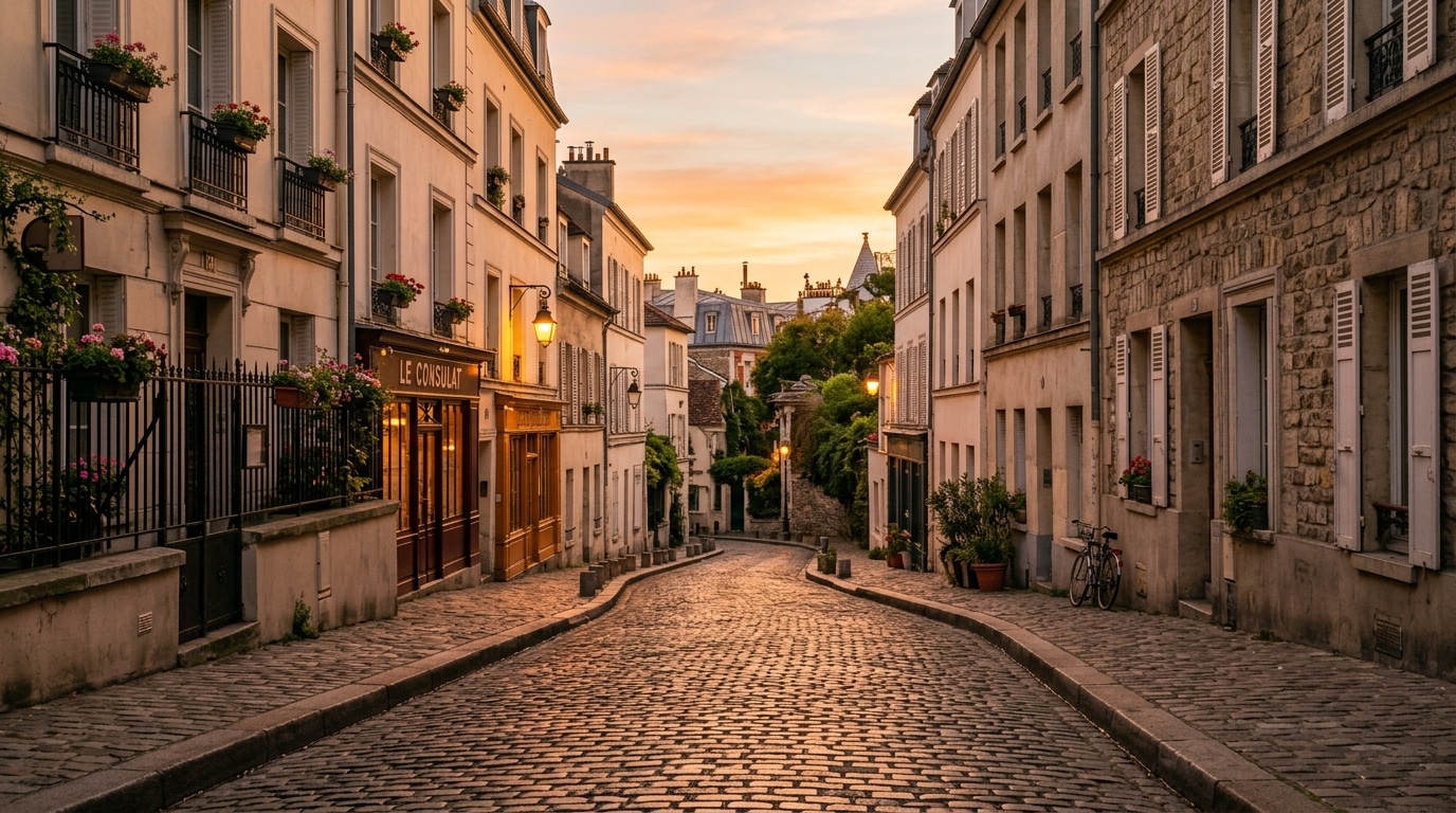 Rue pavée de Montmartre au coucher du soleil