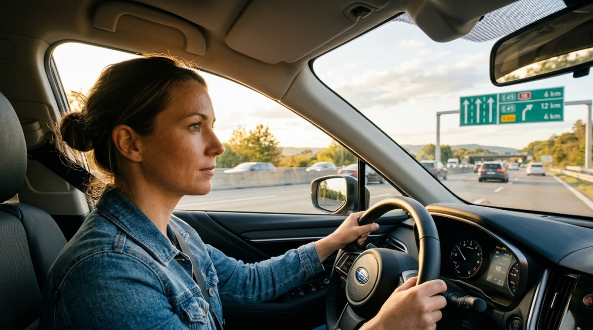 Automobiliste lisant un panneau routier sur l'autoroute