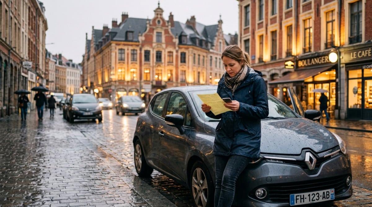 Automobiliste vérifiant son contrat d'assurance dans le Nord