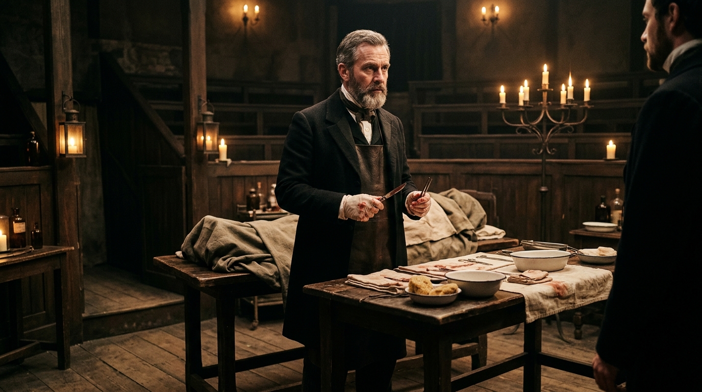 Portrait d'un chirurgien du XIXe siècle dans un bloc opératoire