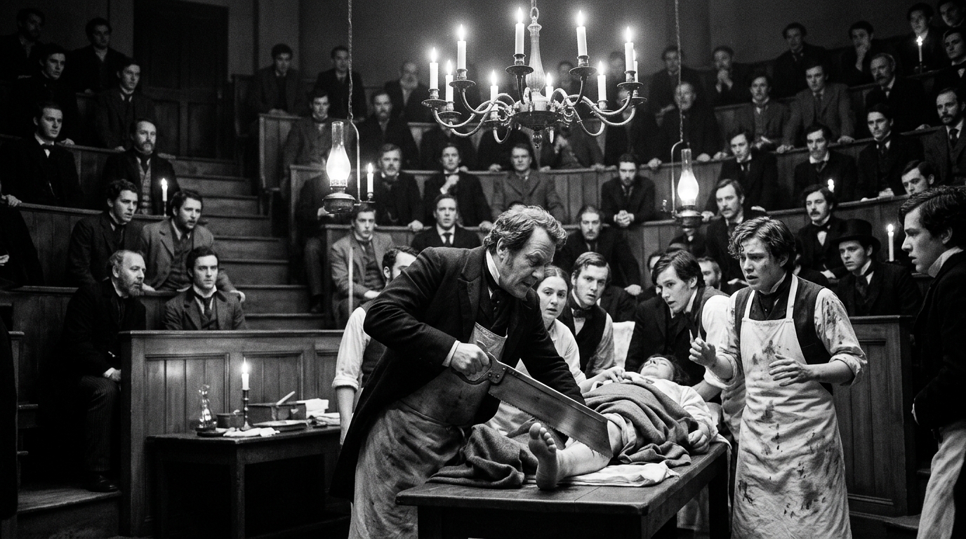 Scène chaotique d'une amputation dans un amphithéâtre victorien