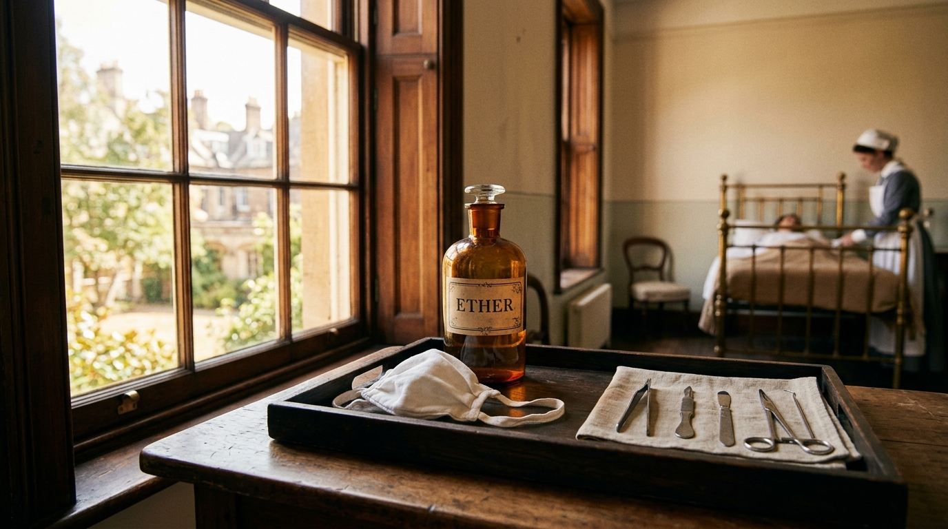 Bouteille d'éther et instruments annonçant l'arrivée de l'anesthésie