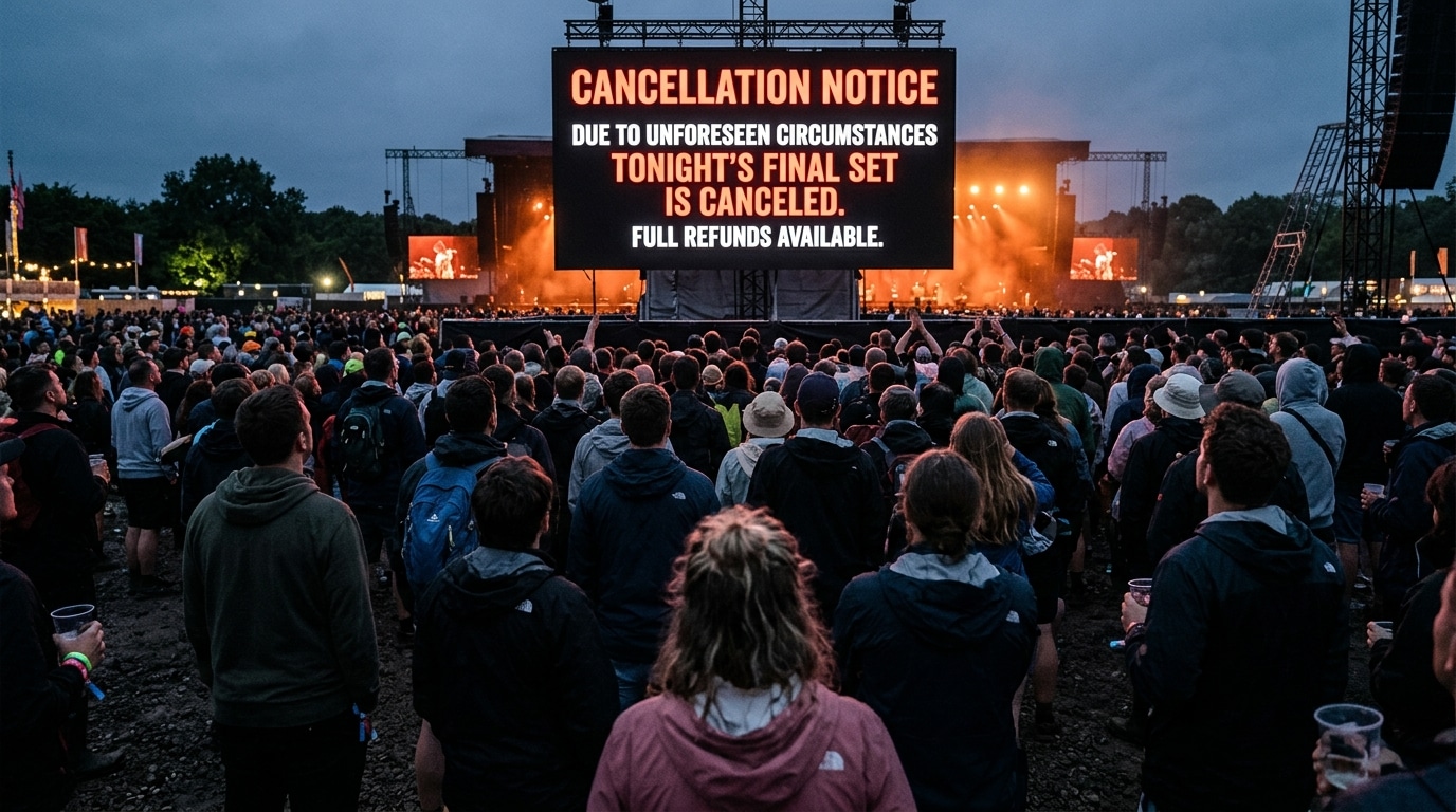 Foule de festivaliers déçus devant un écran d'annonce