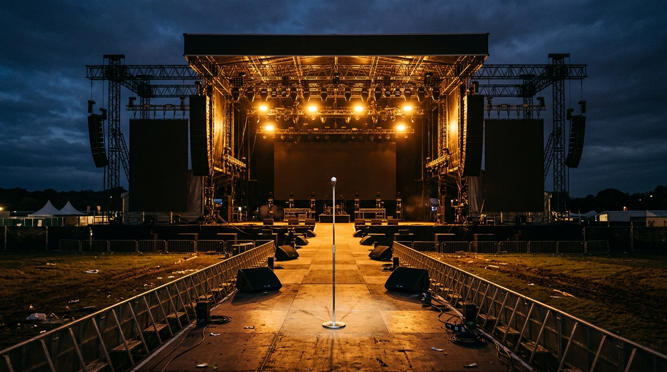Scène principale de festival vide sous lumières dorées