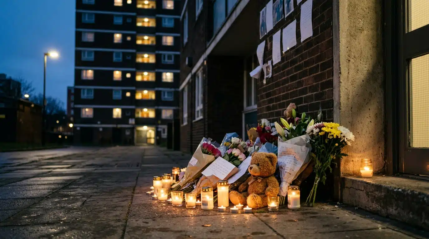 Bougies et peluche déposées en hommage devant un immeuble