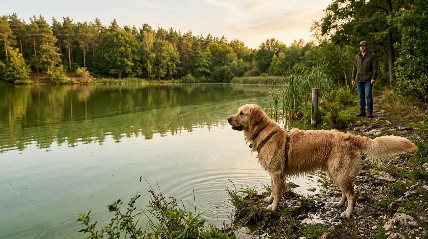 Chien près d'un lac à l'eau verdâtre en été