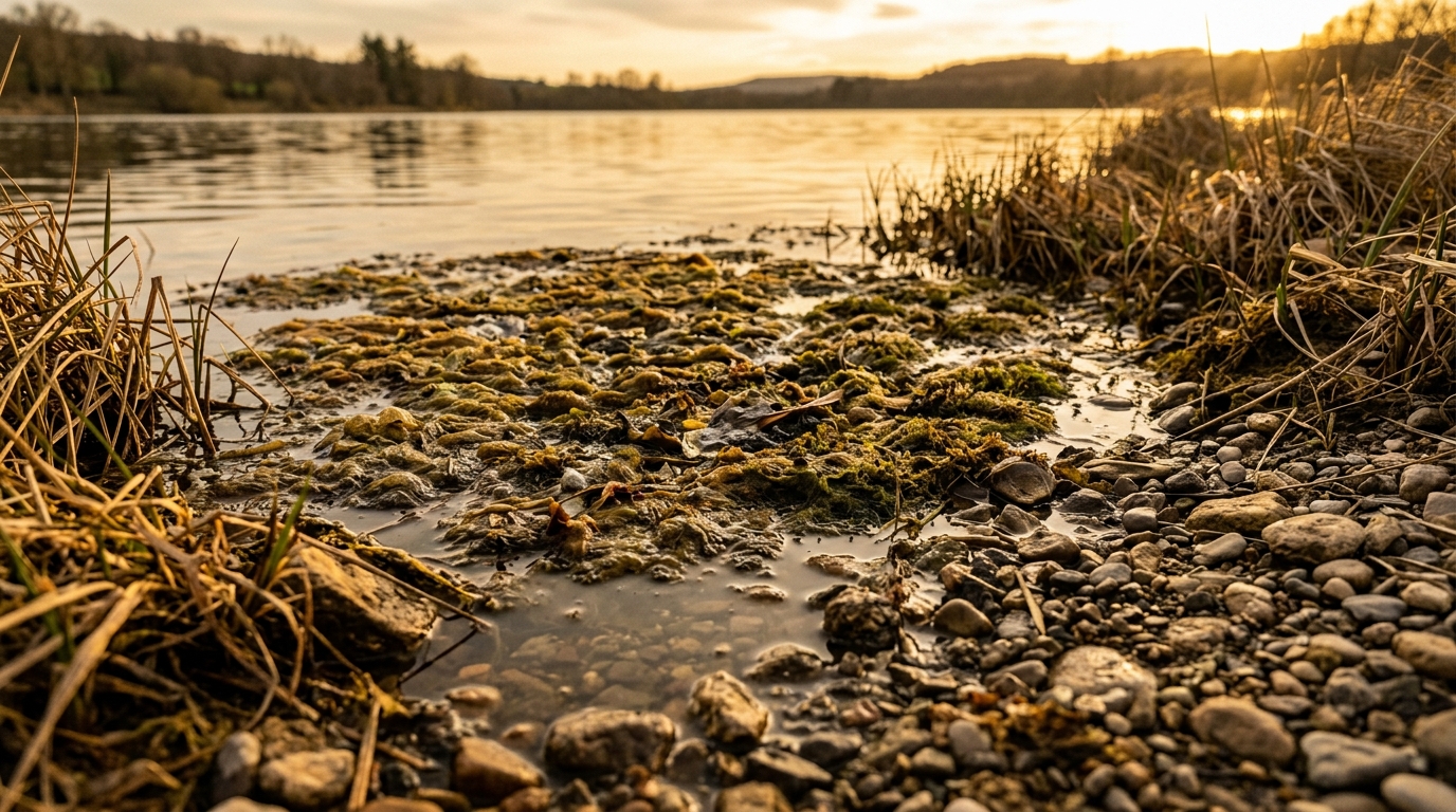 Dépôt d'algues brunâtres sur une berge de lac