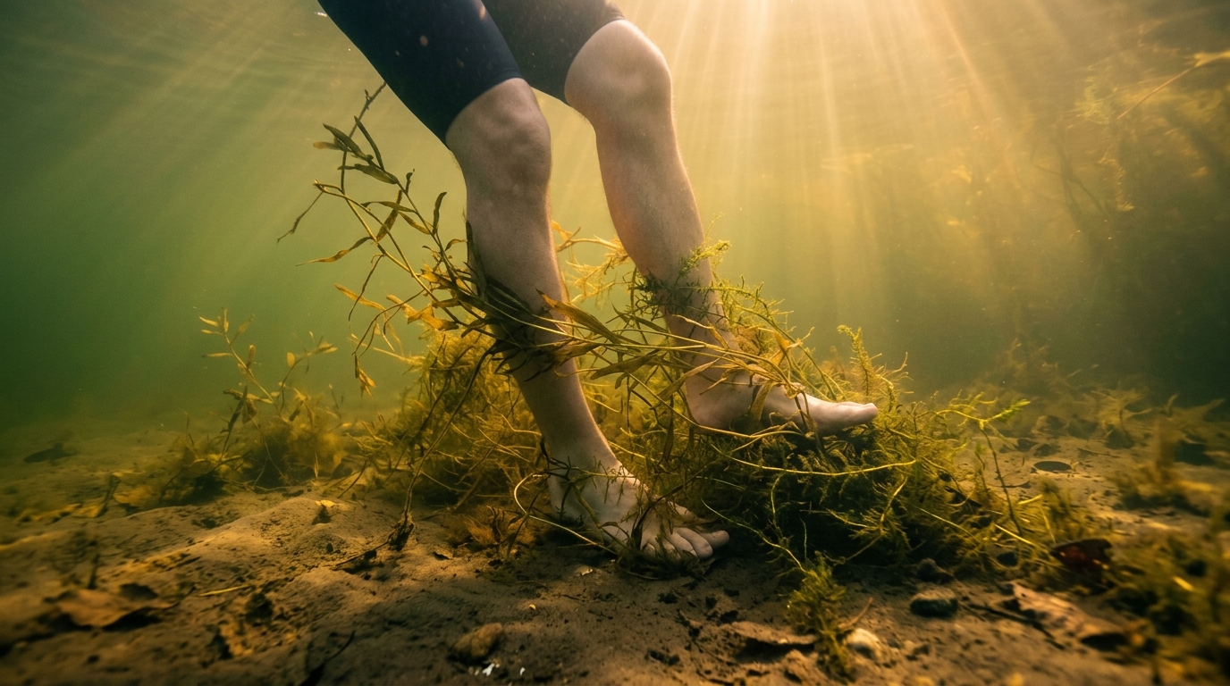 Jambes prises dans des herbiers sous l'eau d'un lac