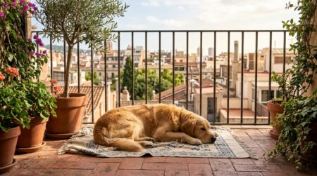 Chien allongé à l'ombre sur un balcon en été