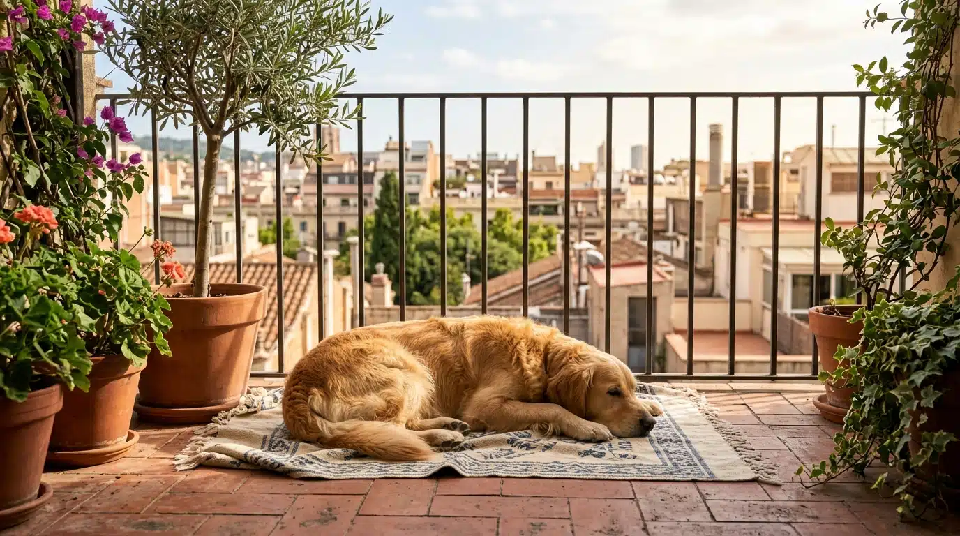 Chien allongé à l'ombre sur un balcon en été