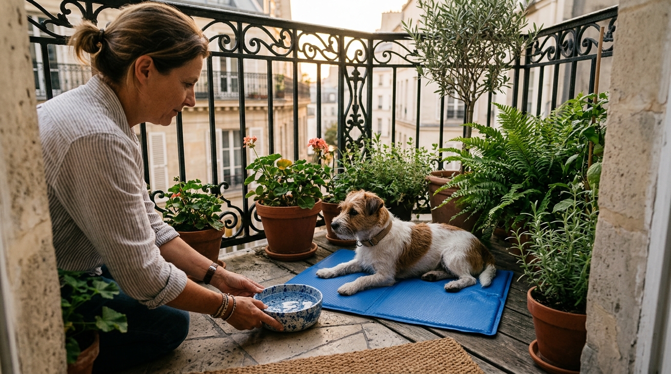Chien reposant sur un tapis rafraîchissant au balcon