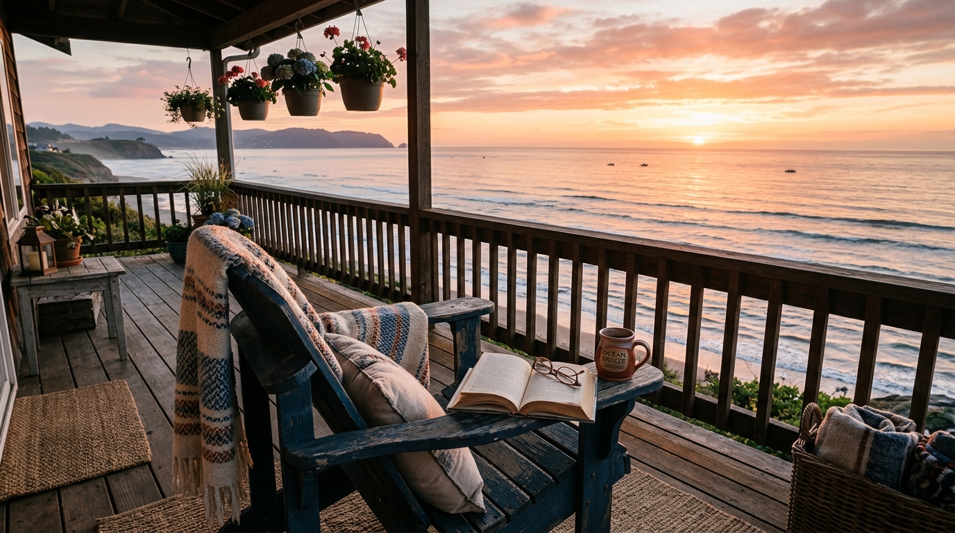 Terrasse paisible face à l'océan avec un livre posé sur une chaise
