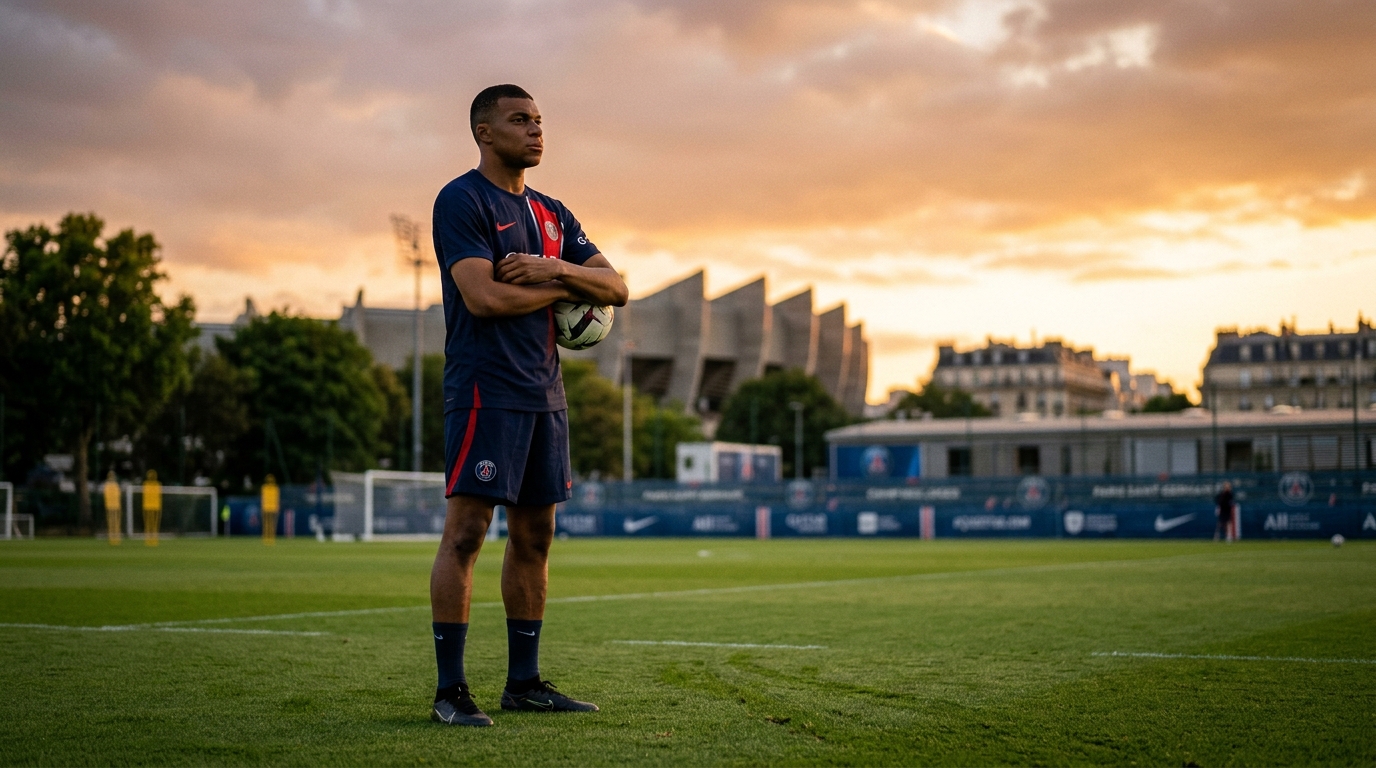 Joueur du PSG pensif sur le terrain d'entraînement au coucher du soleil