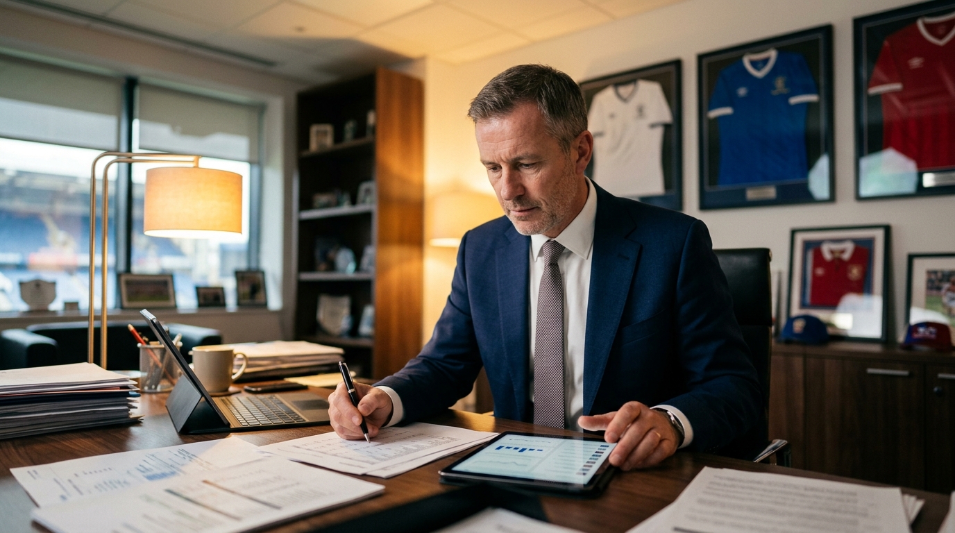 Directeur sportif étudiant des dossiers de transfert dans un bureau