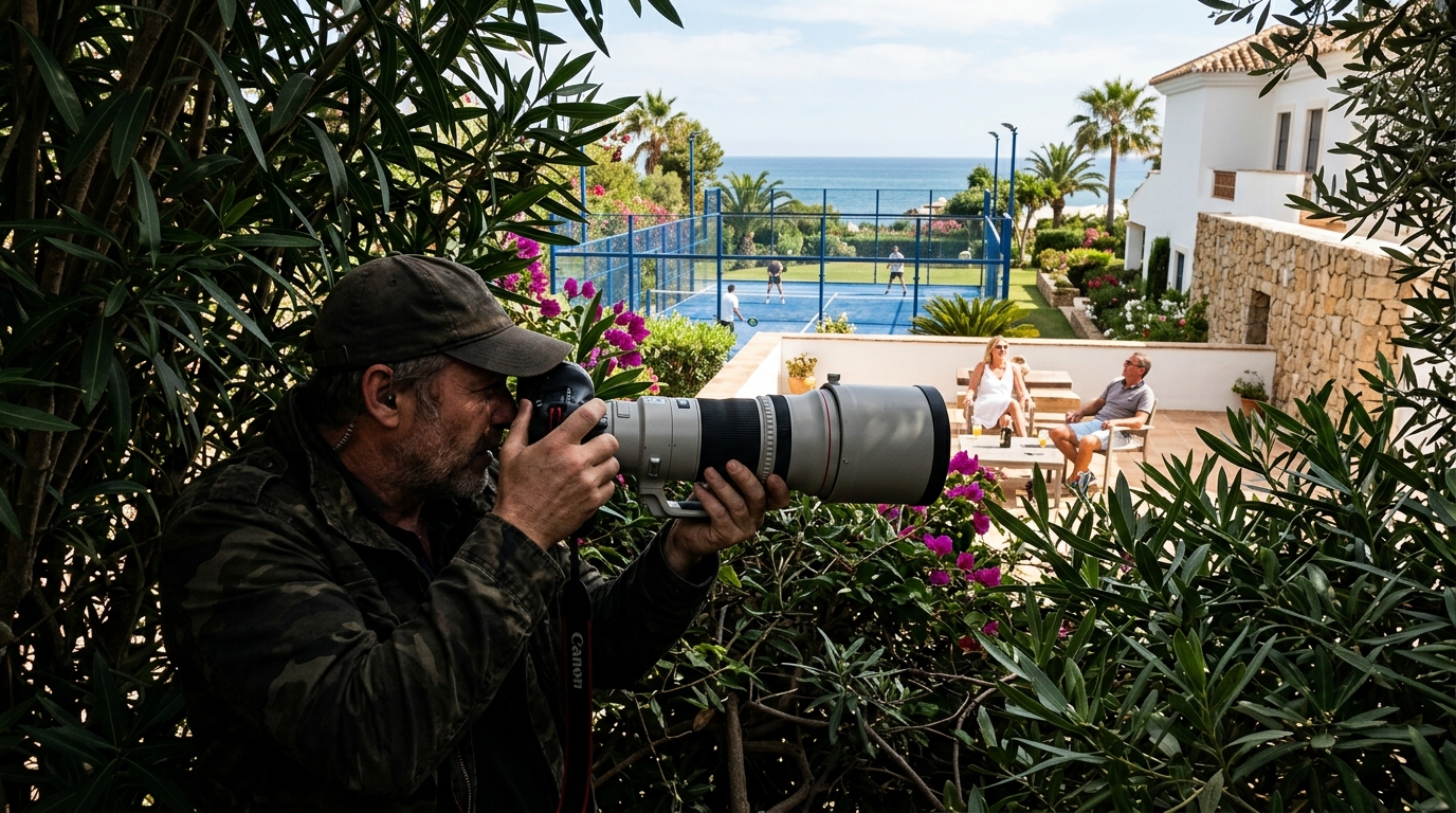 Photographe caché photographiant une terrasse de villa avec court de padel