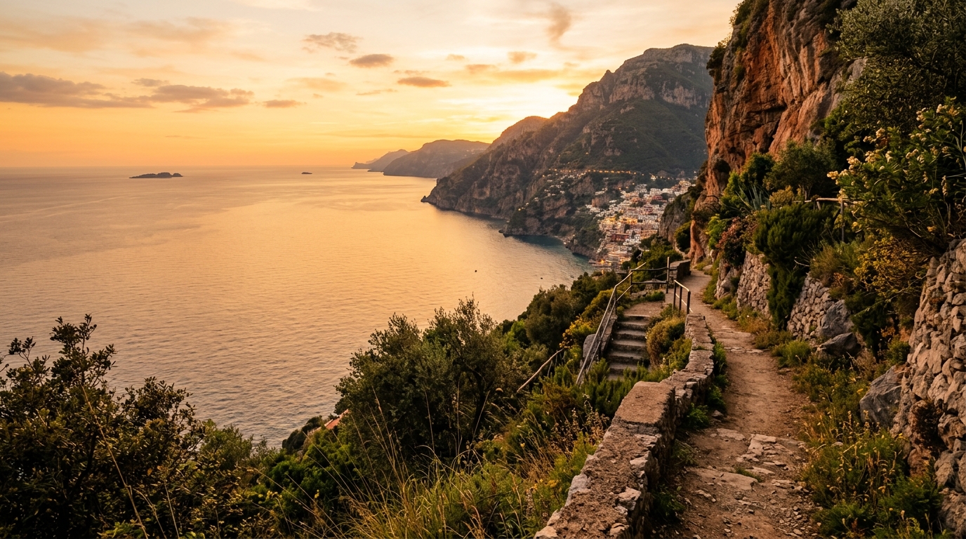 Chemin côtier italien au crépuscule, lumière dorée