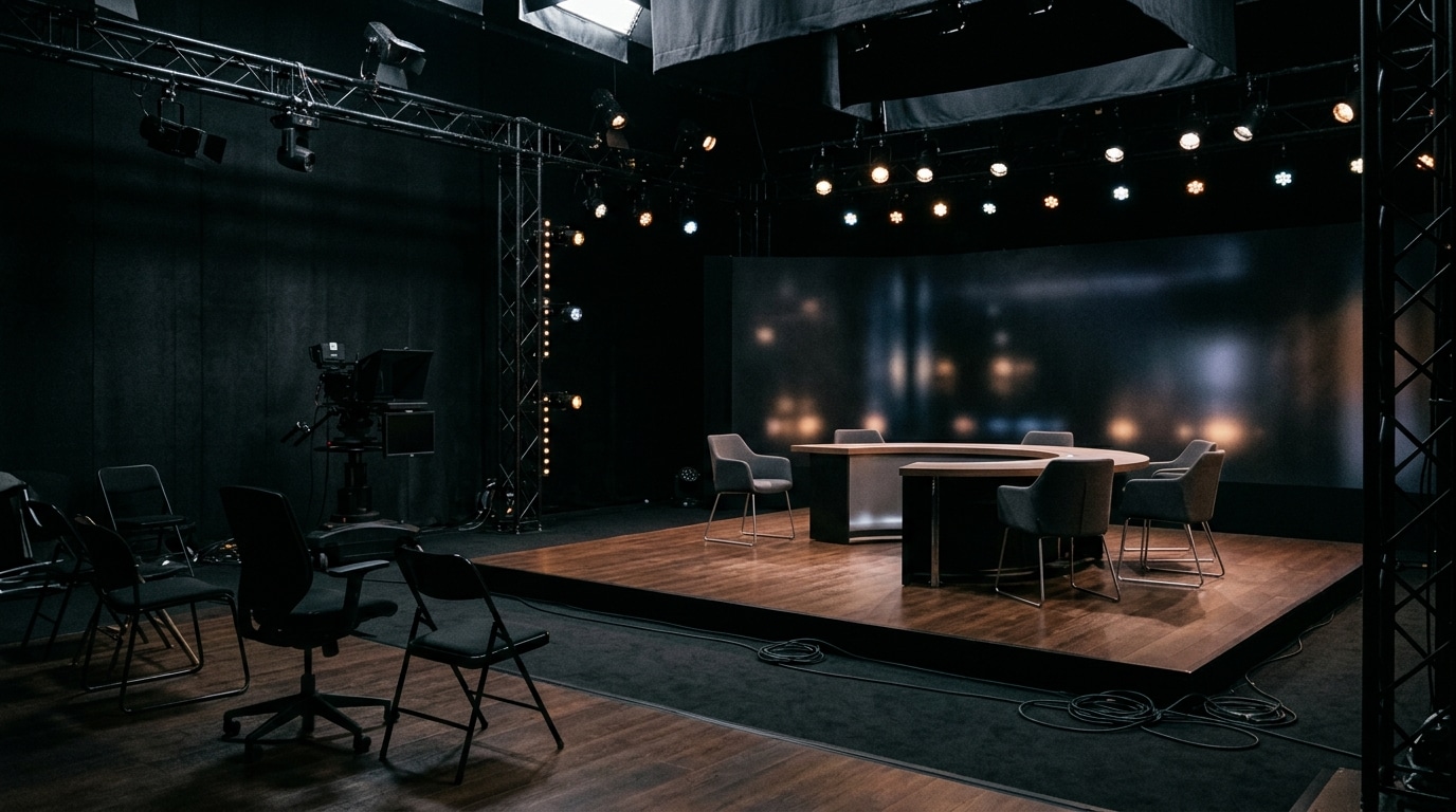 Studio TV vide, ambiance plateau d'actualité