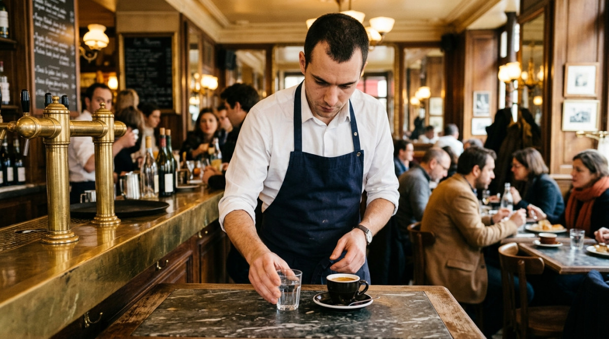 Barista servant un verre d'eau avec un café en terrasse