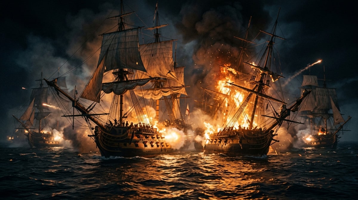 Bataille navale nocturne entre navires en flammes au XVIIIe siècle