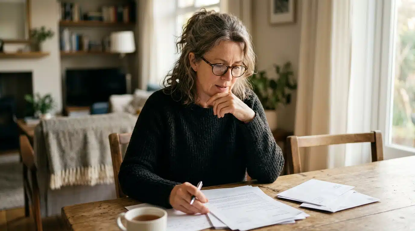 Adulte pensif consultant des documents administratifs à domicile