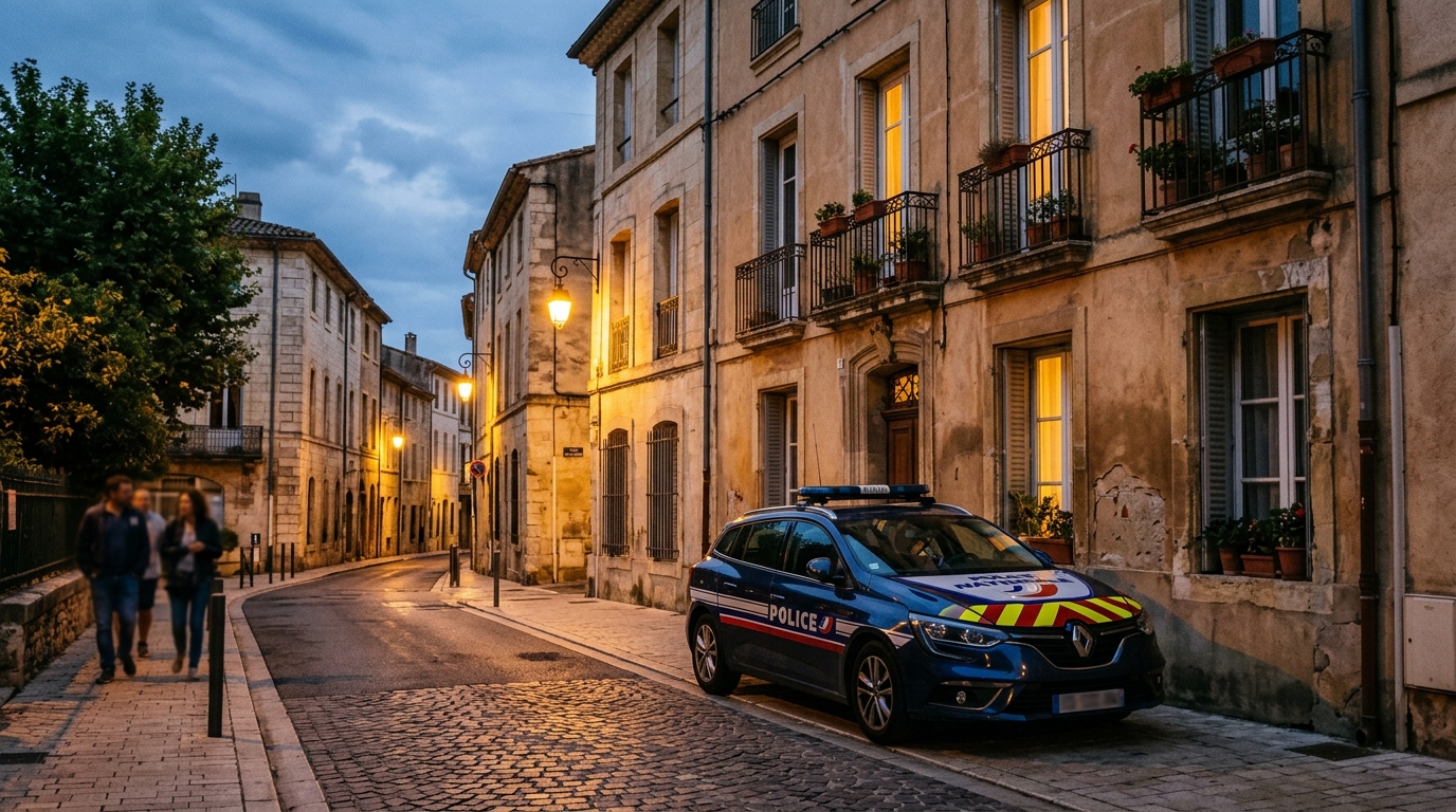Voiture de police devant un immeuble à Orange le soir