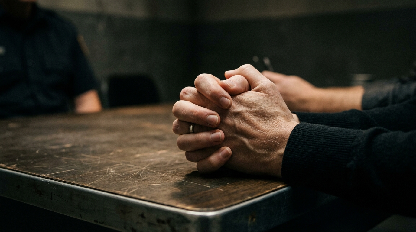 Femme les mains jointes dans une salle d'interrogatoire