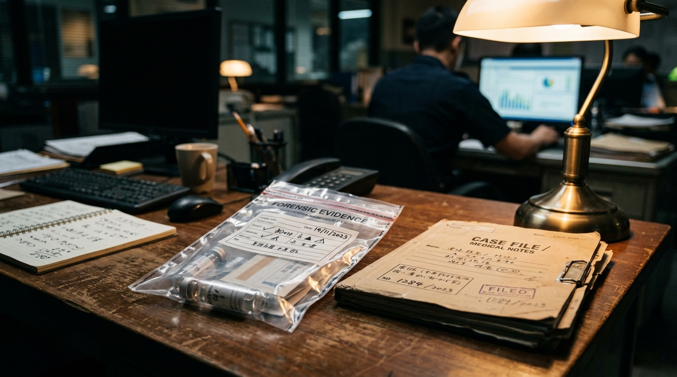 Dossier médical et sachet de preuves sur un bureau de police