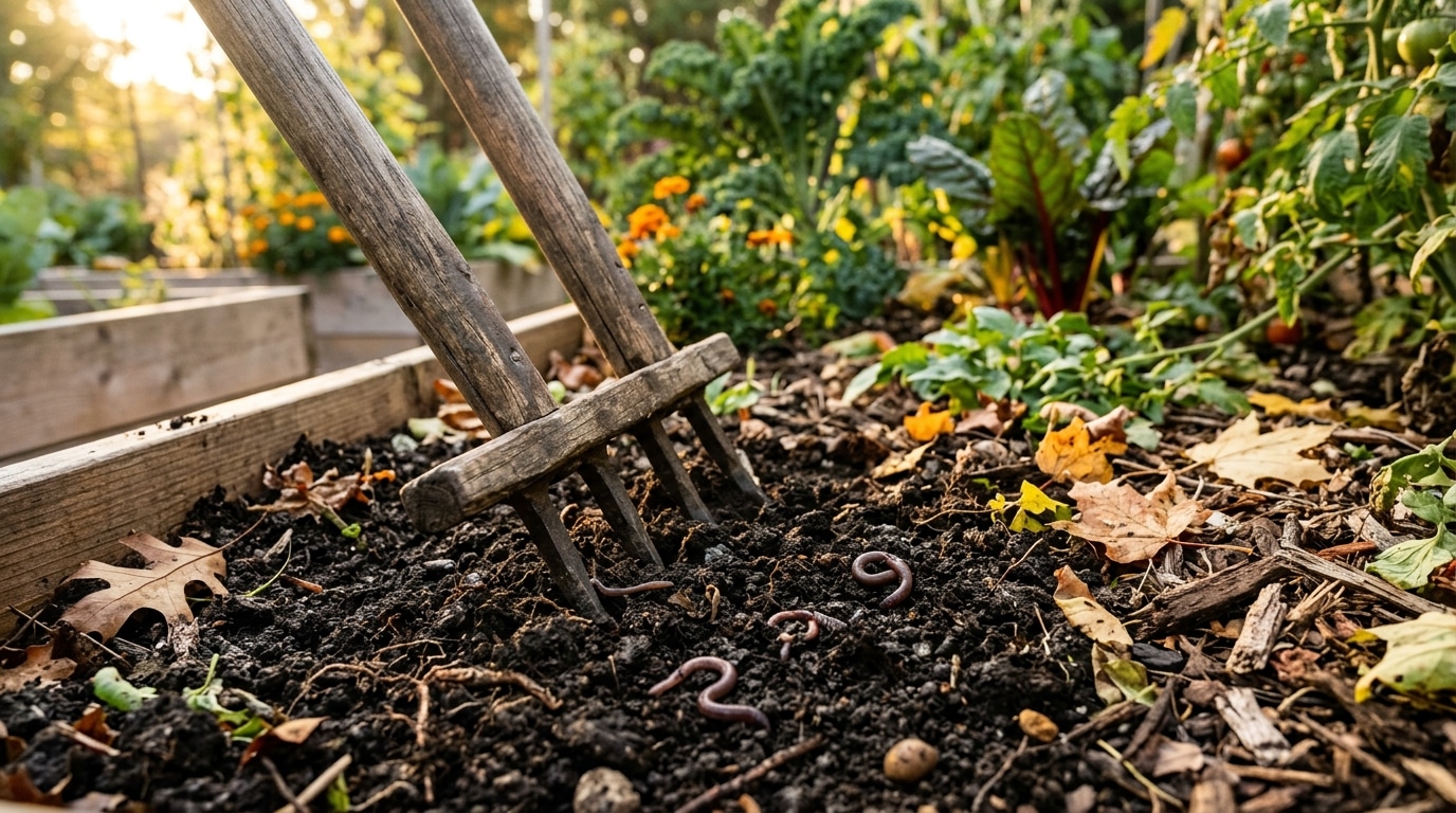 Grelinette plantée dans la terre d'un potager