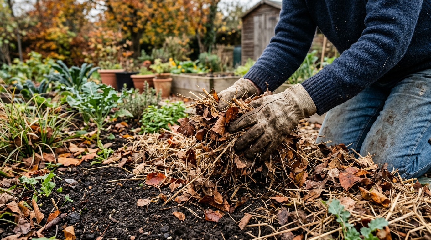 Mains étalant un paillage de feuilles mortes