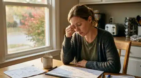 Personne fatiguée assise devant un café le matin