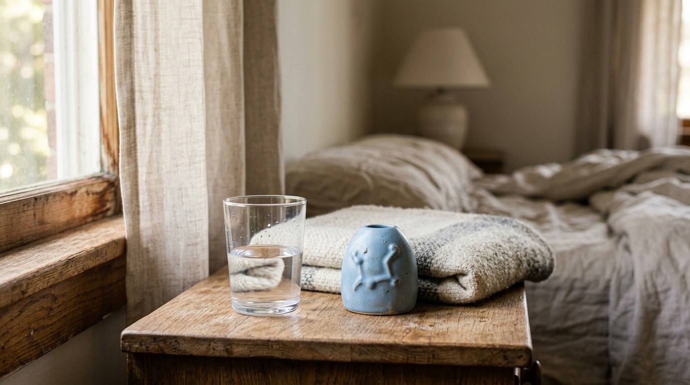 Verre d'eau et plaid sur une table de chevet