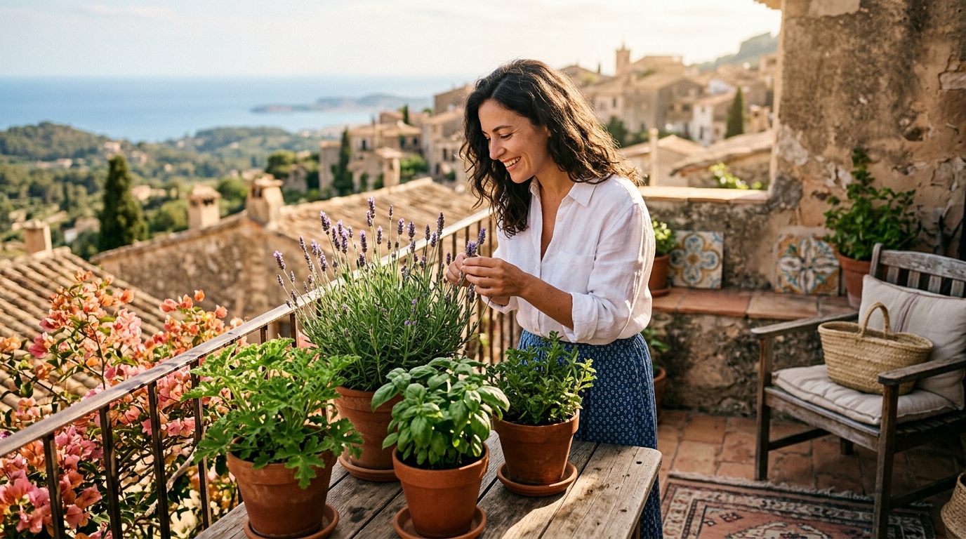 Femme examinant des plantes anti-moustiques sur un balcon