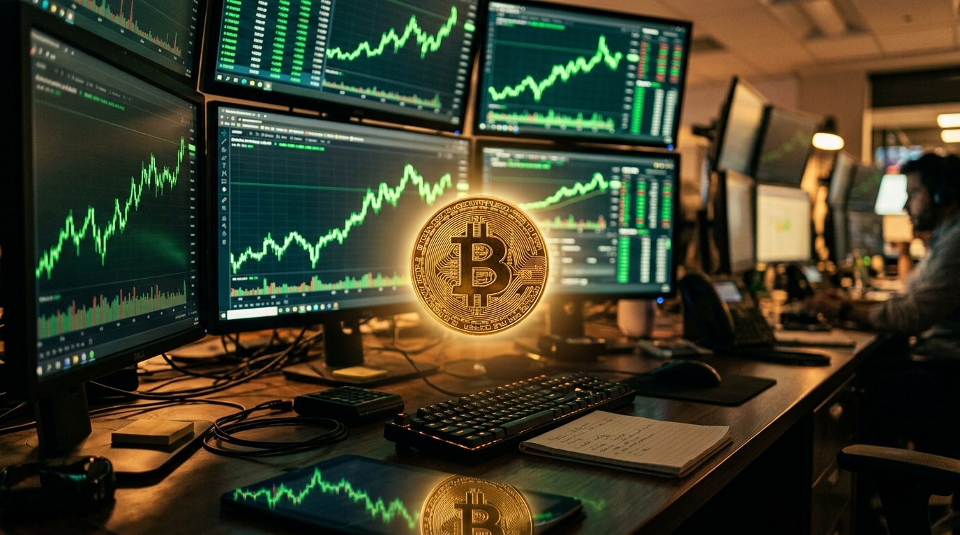 Pièce de bitcoin dorée devant écrans boursiers verts