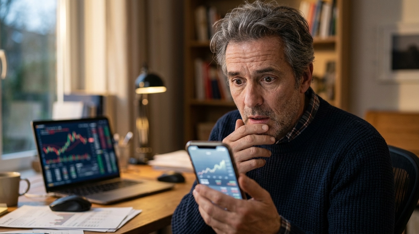 Investisseur regardant son téléphone avec stupeur et soulagement