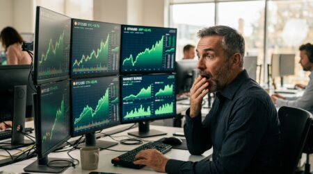 Trader observant des courbes crypto en hausse sur écrans