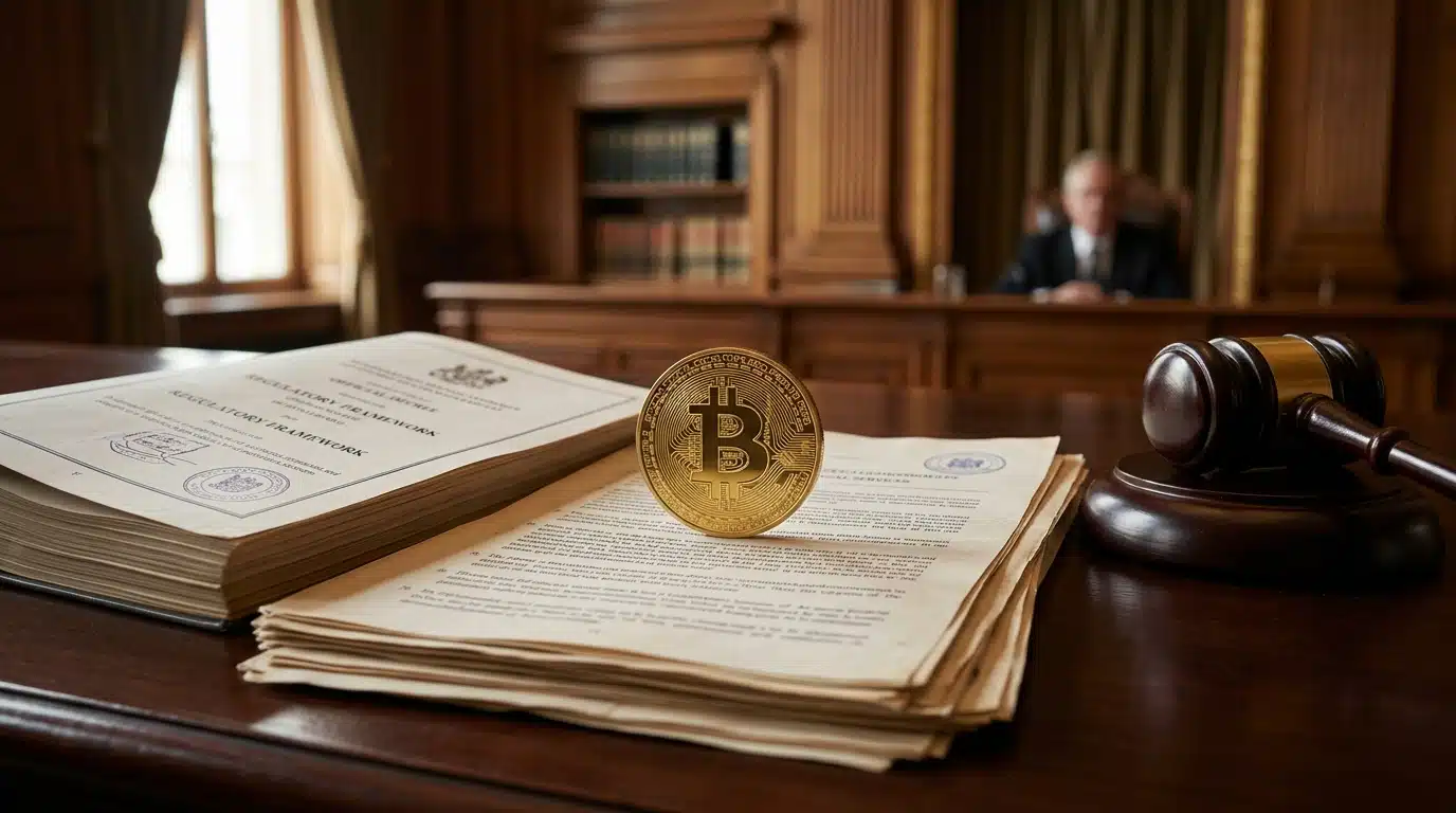 Pièce de bitcoin posée sur des documents officiels