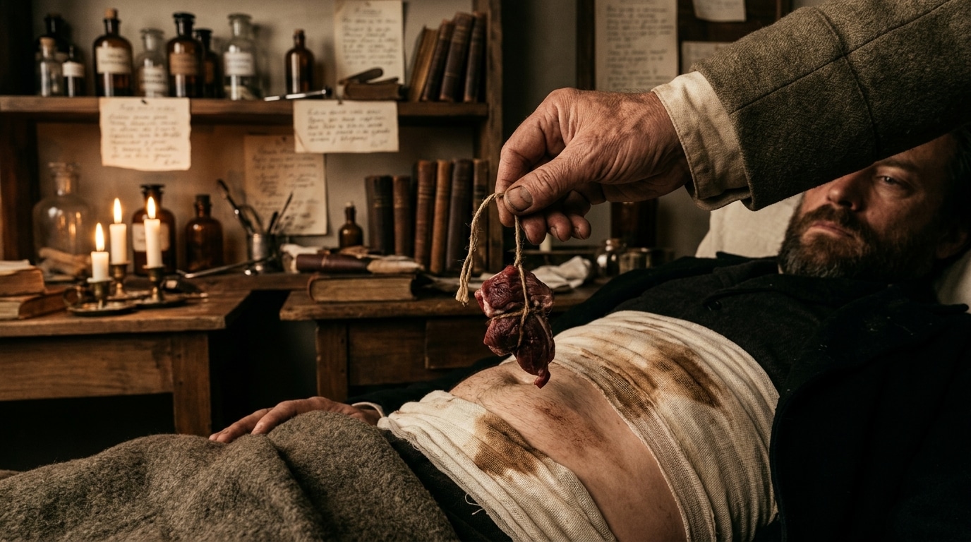 Expérience médicale sur la digestion avec un fil et de la viande