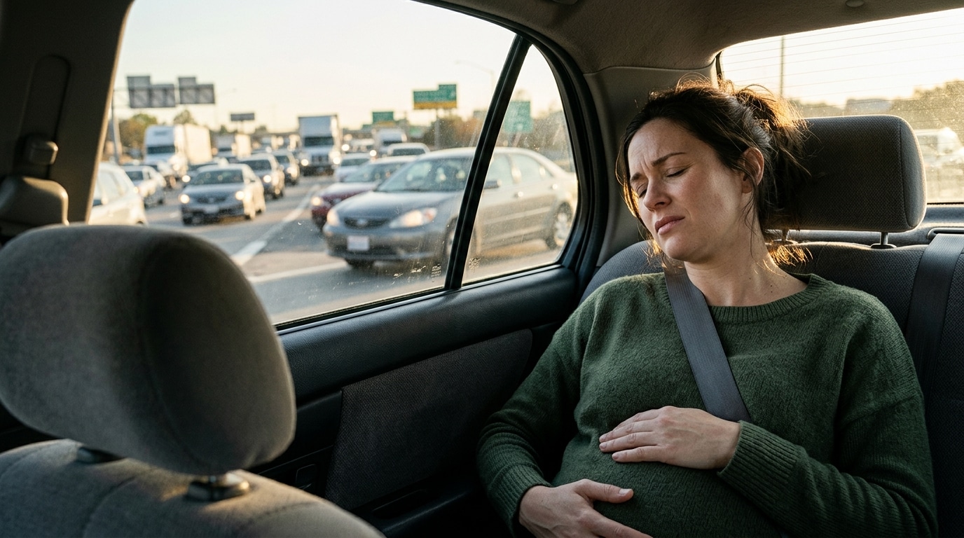 Femme enceinte installée à l'arrière d'un véhicule de gendarmerie