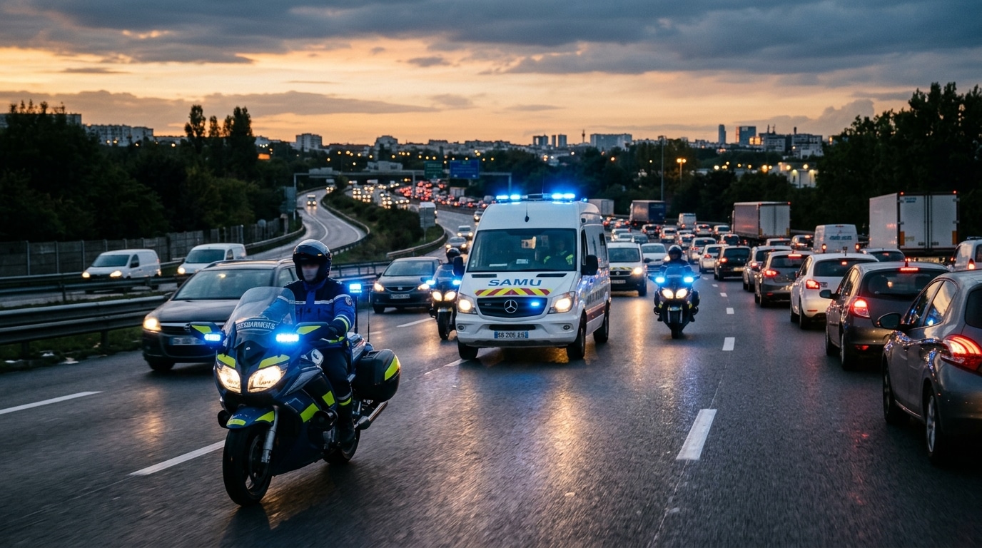 Motards de gendarmerie escortant une ambulance sur autoroute