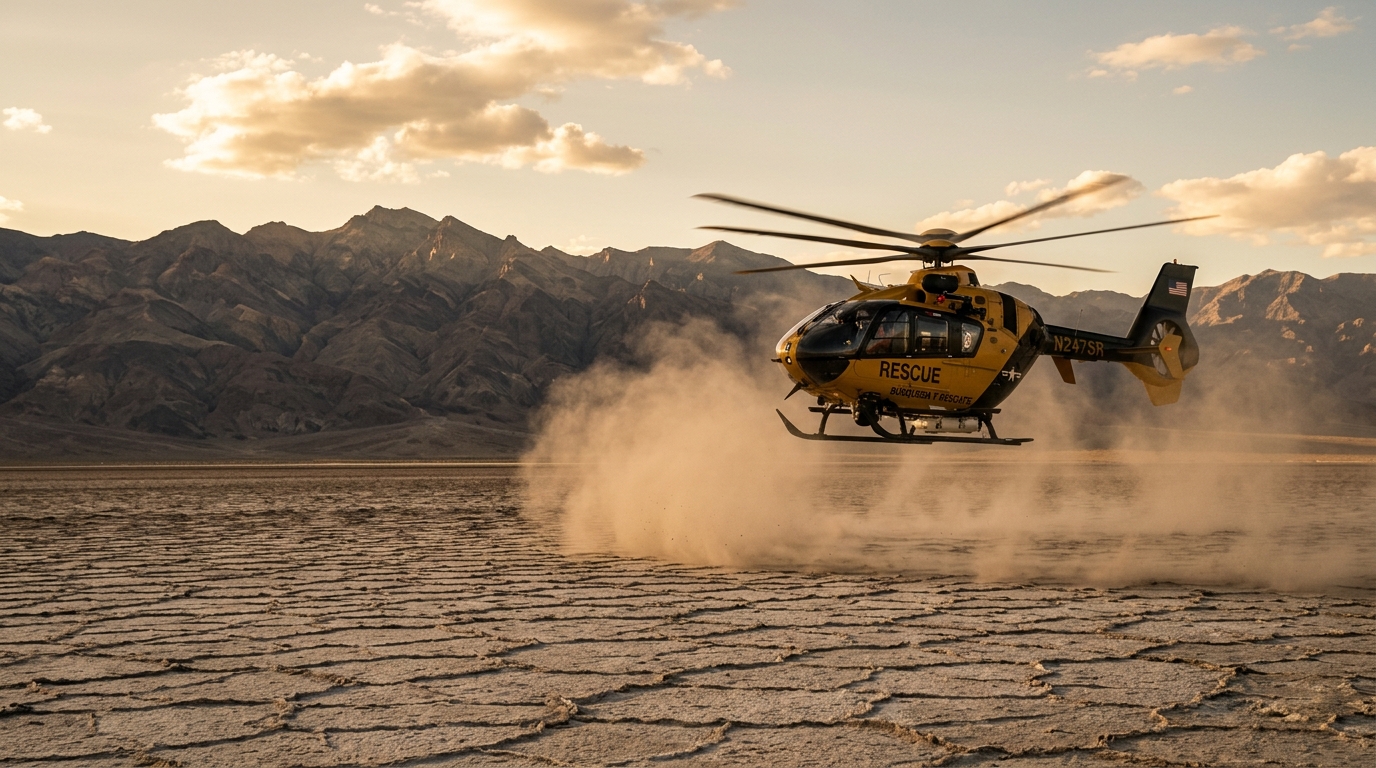 Hélicoptère de secours survolant un désert aride